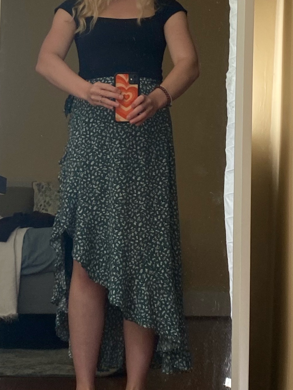 Abercrombie & Fitch Dark Green Floral High-Low Ruffle Skirt